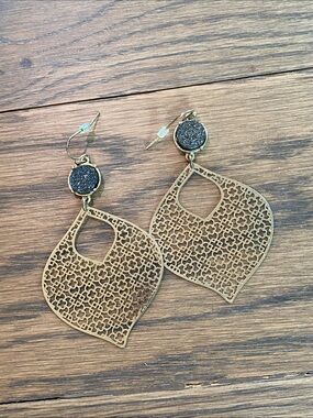 Antique Gold Filigree Teardrop Earrings with Black Druzy Accent
